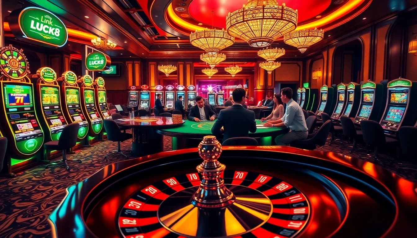 Capture the thrill of a casino game showcasing Link LUCK8 with vibrant poker tables and slot machines.