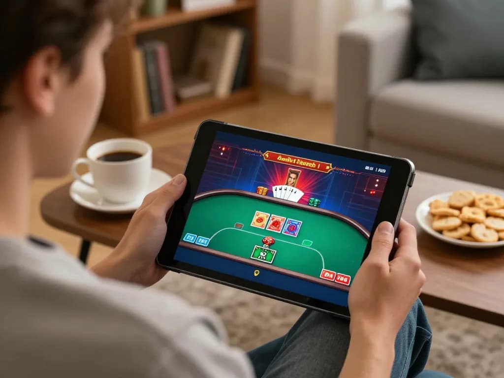 Engaging gameplay at https://777x.bid/ showcases a user enjoying an online poker game in a cozy setting.