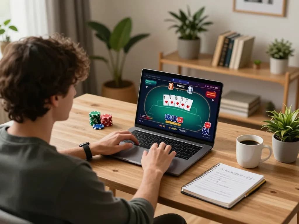 Player enjoying a lively poker game on 23Win at a cozy home desk, combining strategic online gaming with comfort.
