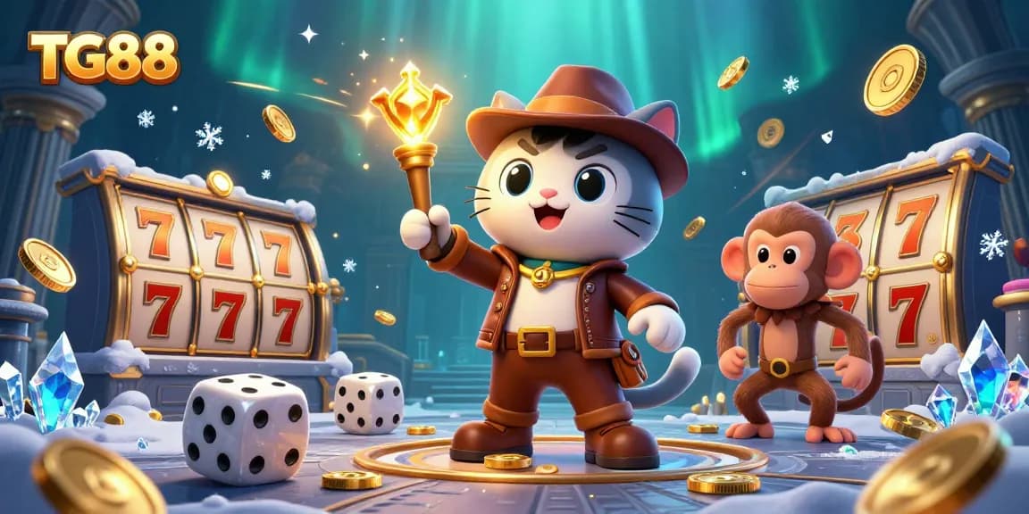 Engage in thrilling gaming at TG88 with a vibrant scene showcasing cats, monkeys, and casino elements.