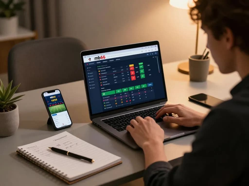 Engaging in mb66 online sports betting with live odds displayed on the laptop, highlighting strategic gameplay.