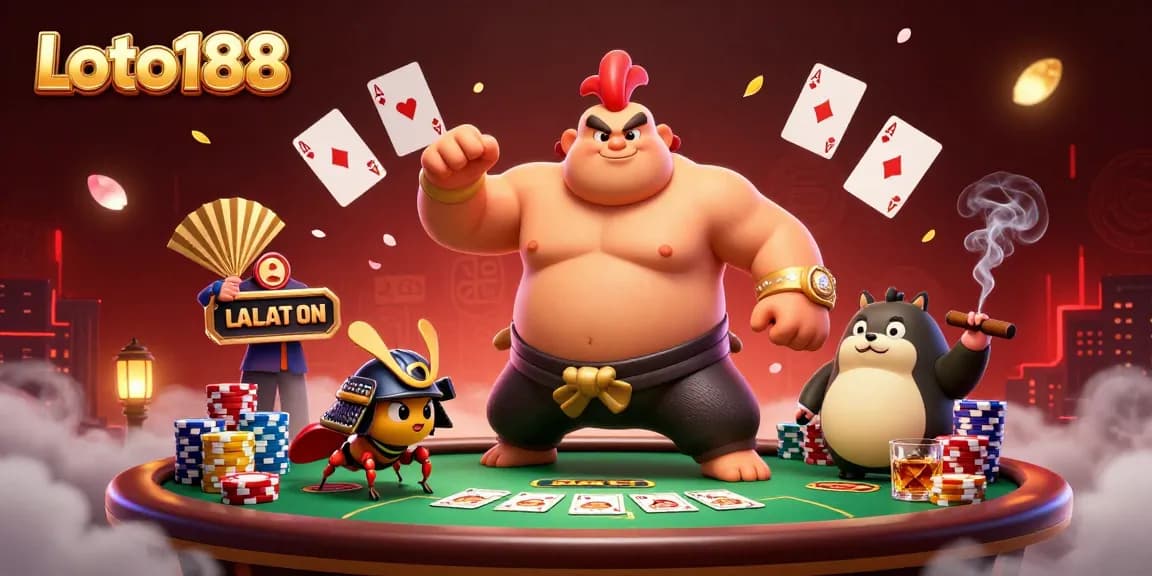 Loto188 features a dynamic scene of vibrant casino atmosphere showcasing a powerful rooster, a fierce cricket, and a tanuki, surrounded by poker elements.