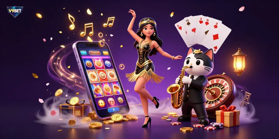 Experience the thrill of V9BET as a dancing flapper and saxophone-playing cat celebrate casino magic surrounded by vibrant game graphics.