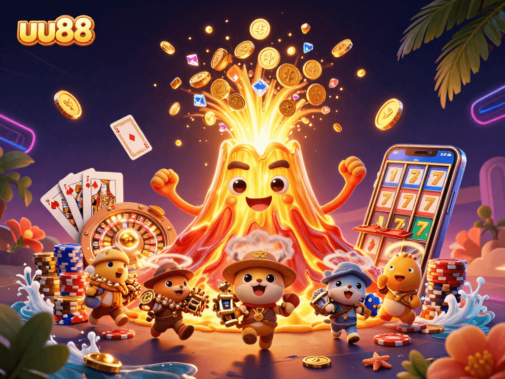 Experience the thrill of uu88 with a vibrant 3D casino scene bursting with gold and treasure.