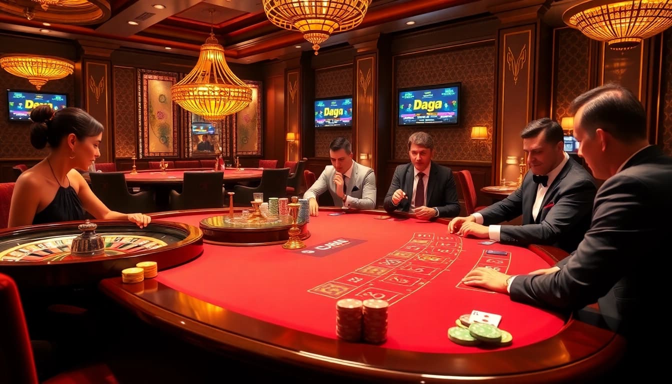 Daga players enjoying a thrilling game at a luxurious casino table surrounded by vibrant colors and elegant decor.