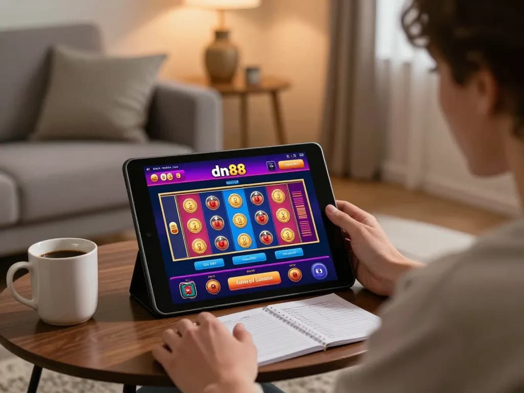 Engaging in an online session at dn88 casino featuring vibrant slot graphics on a tablet