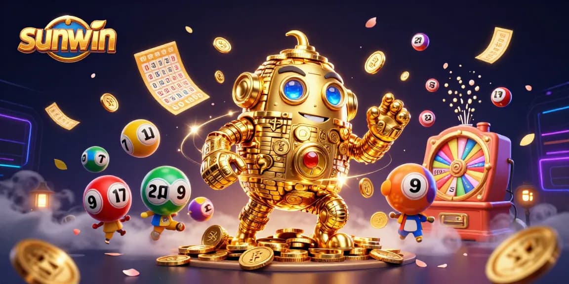 Experience winning at sunwin with a vibrant 3D casino scene featuring a golden golem and lively gaming elements.