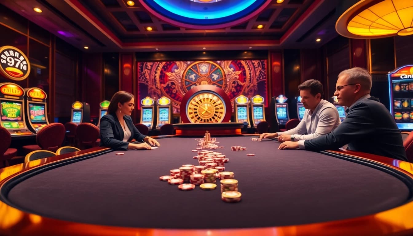 Players at a poker table enjoying an exciting game at 69vn online casino, highlighting luxury.