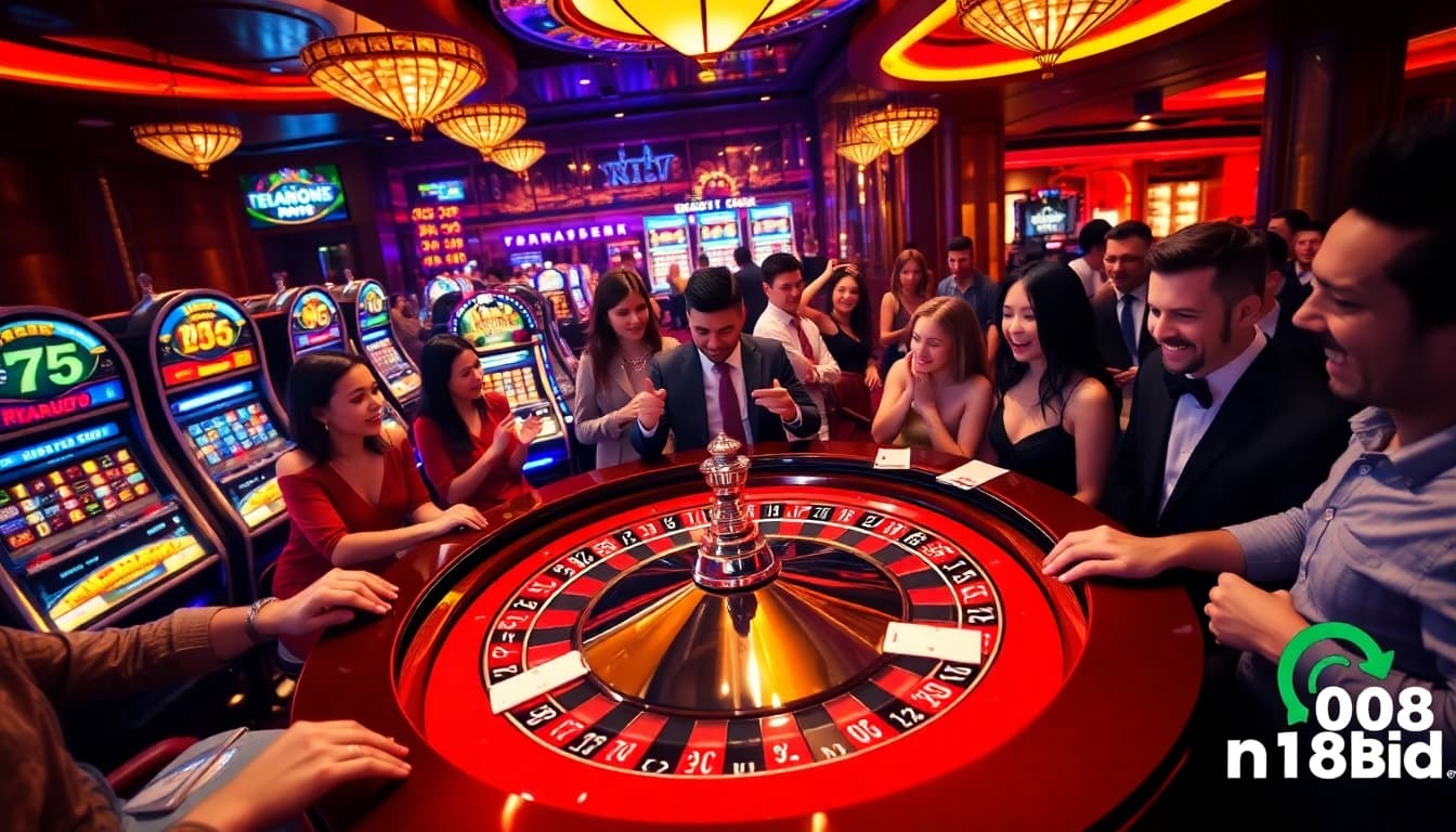 Experience the thrill of winning at https://n188.bid/ with an exciting casino game scene filled with vibrant colors and action.