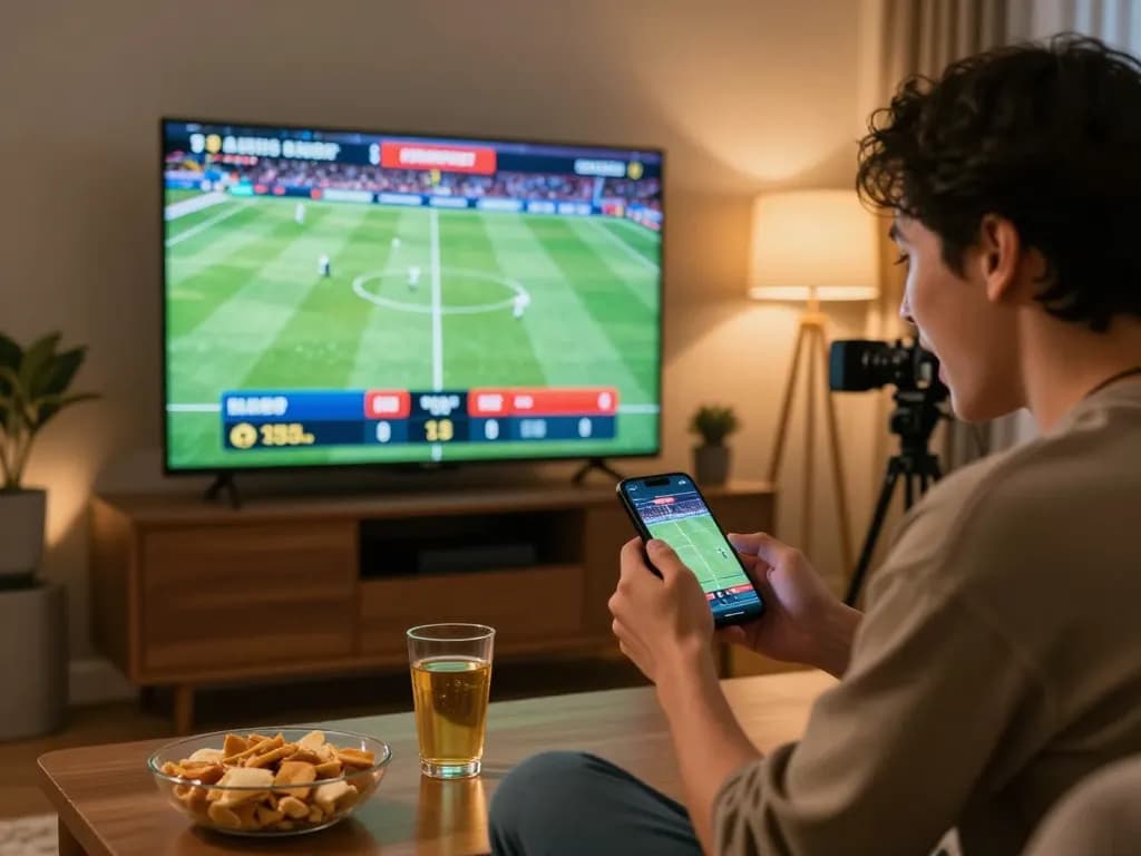 Betting excitement during a live sports event at home, placing bets on vvvwin.