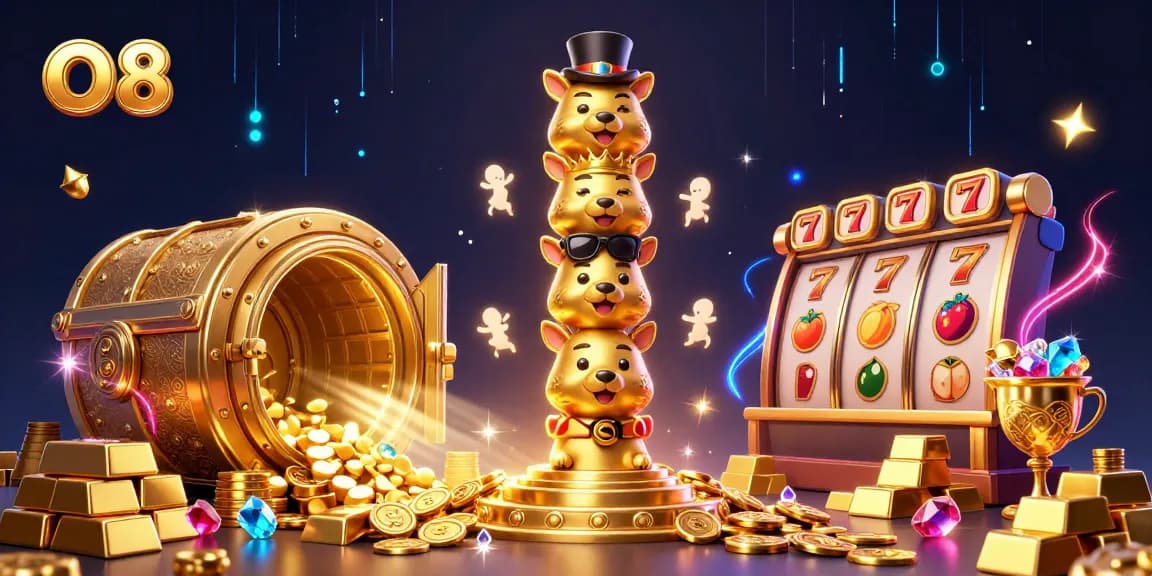 Experience thrilling gaming at O8 with vibrant slot reels and a golden treasure vault, celebrating online casino excitement.