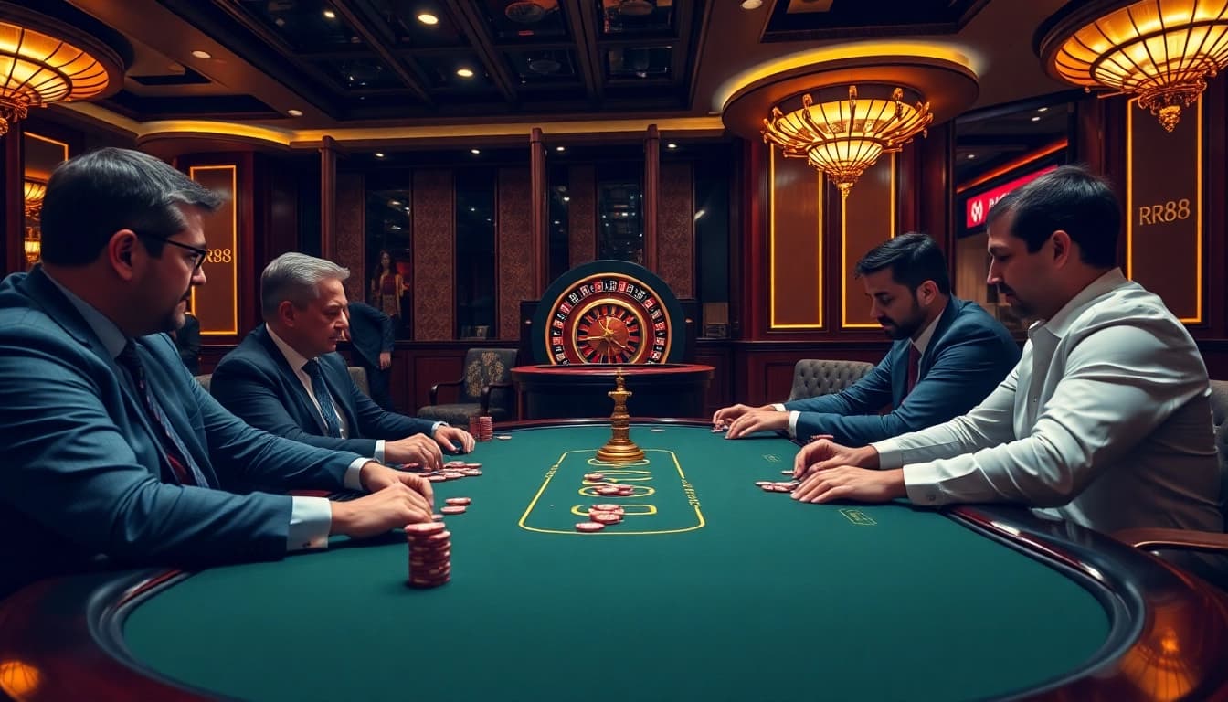 Players focusing intensely on a high-stakes RR88 poker game at a luxurious casino.