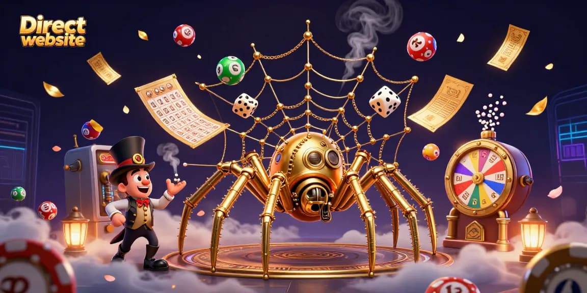 Engage with exciting gameplay at Direct website, featuring captivating lottery elements and a whimsical spider.