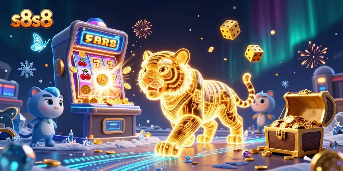 Join the action with s8s8's vibrant casino landscape featuring dynamic slots and a glowing tiger.