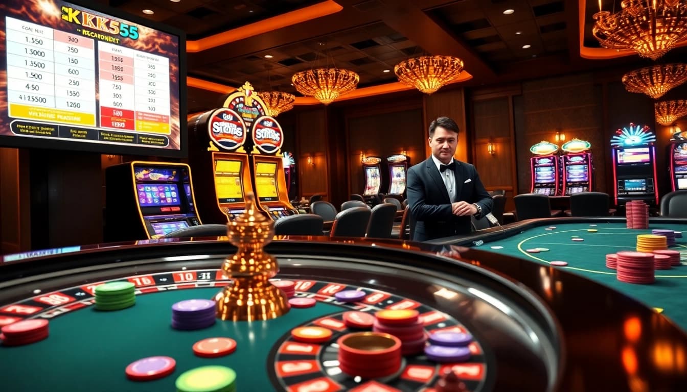Engaging scene of KK55 online casino with roulette, poker and vibrant slot machines.