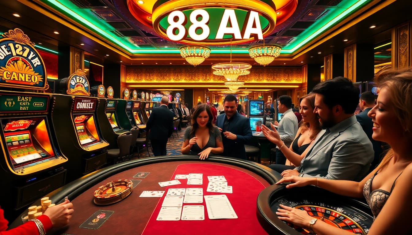 Exciting scene of gambling action at 88AA casino with poker table, slot machines, and roulette wheel.