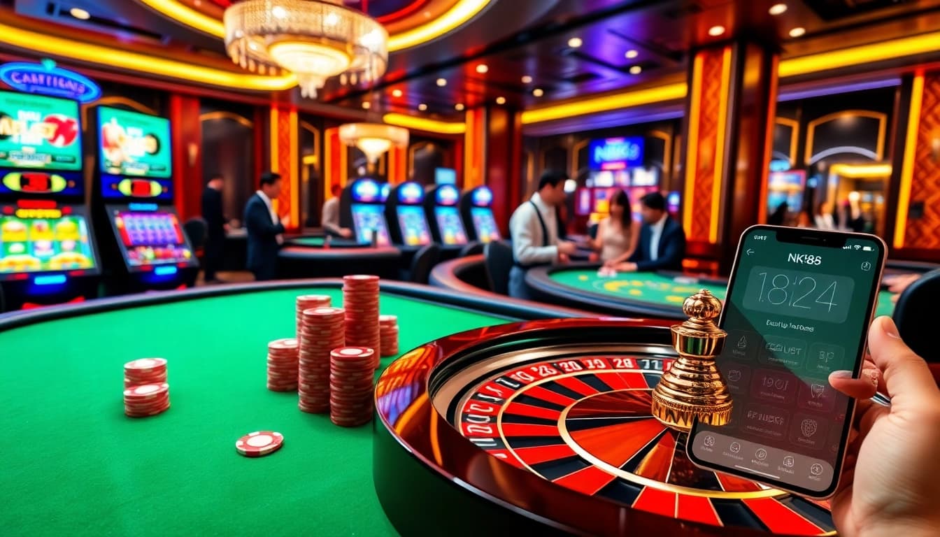 Players engaging with a luxurious NK88 casino experience, highlighting immersive gambling action.