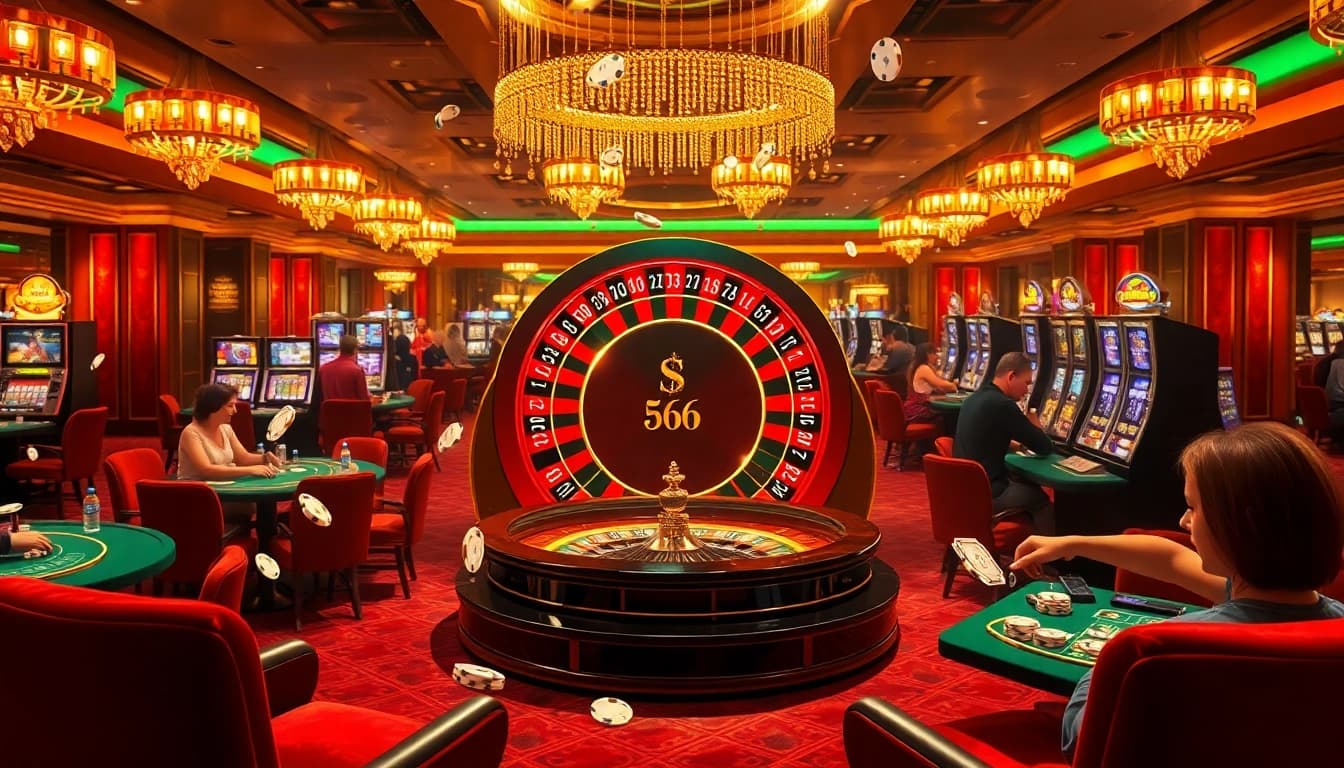 Exciting S666 casino scene with a roulette wheel and players celebrating wins