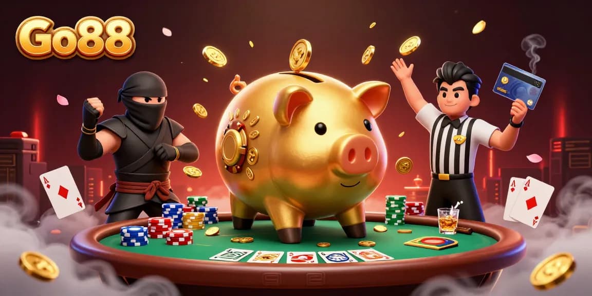 Go88 showcases exhilarating gaming with golden piggy bank characters and vibrant casino elements.