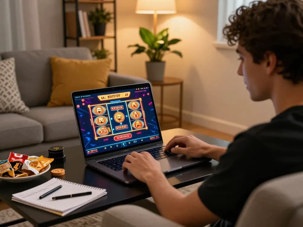 Player excitedly engaging with 888NOW's online casino on a laptop during cozy home gaming session.