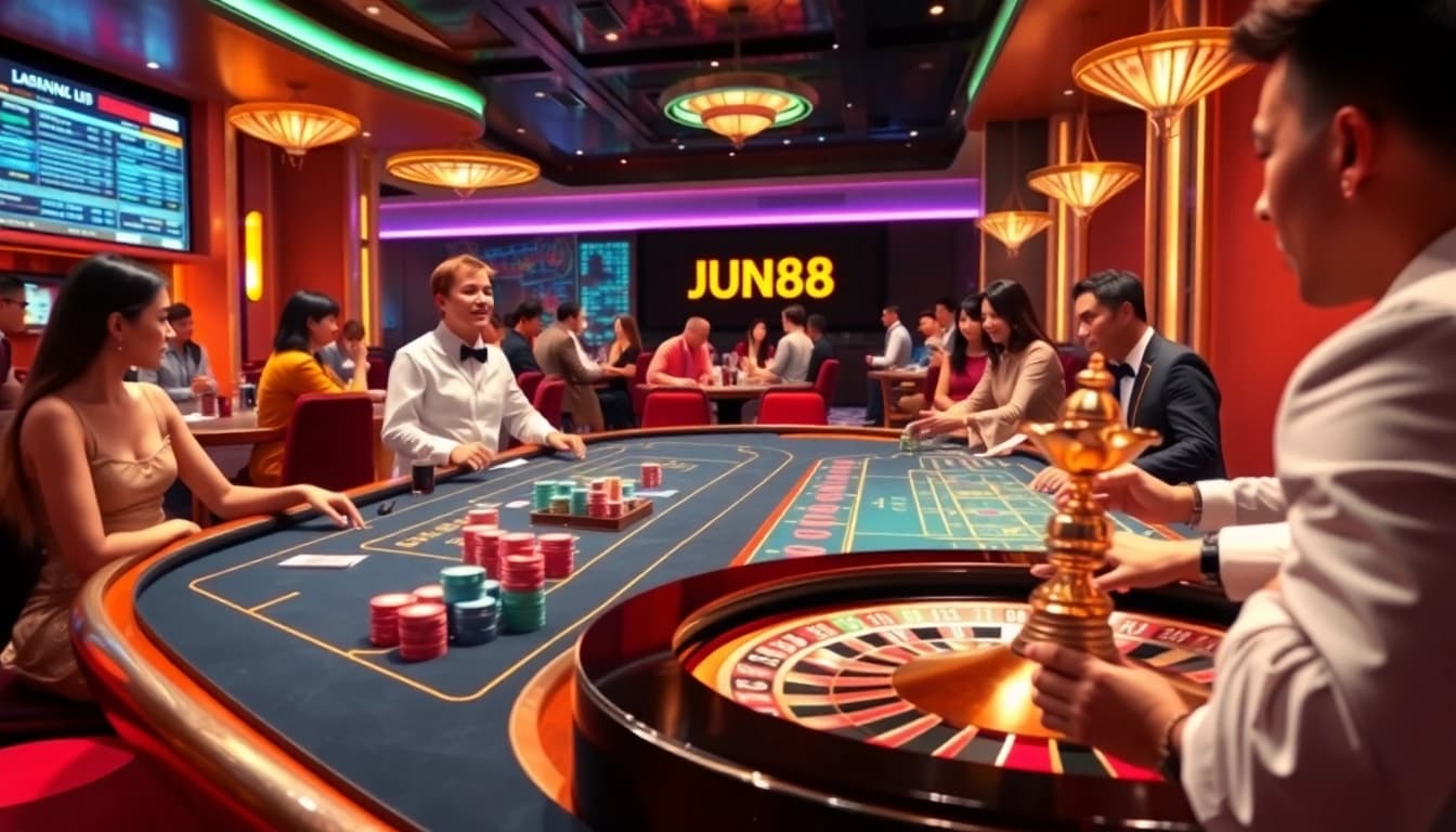 Players enjoying a vibrant Jun88 casino atmosphere while placing bets at poker and roulette tables.