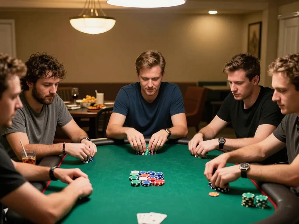 Players enjoying Lô Đề in a friendly home poker game, focused on strategy and interaction.