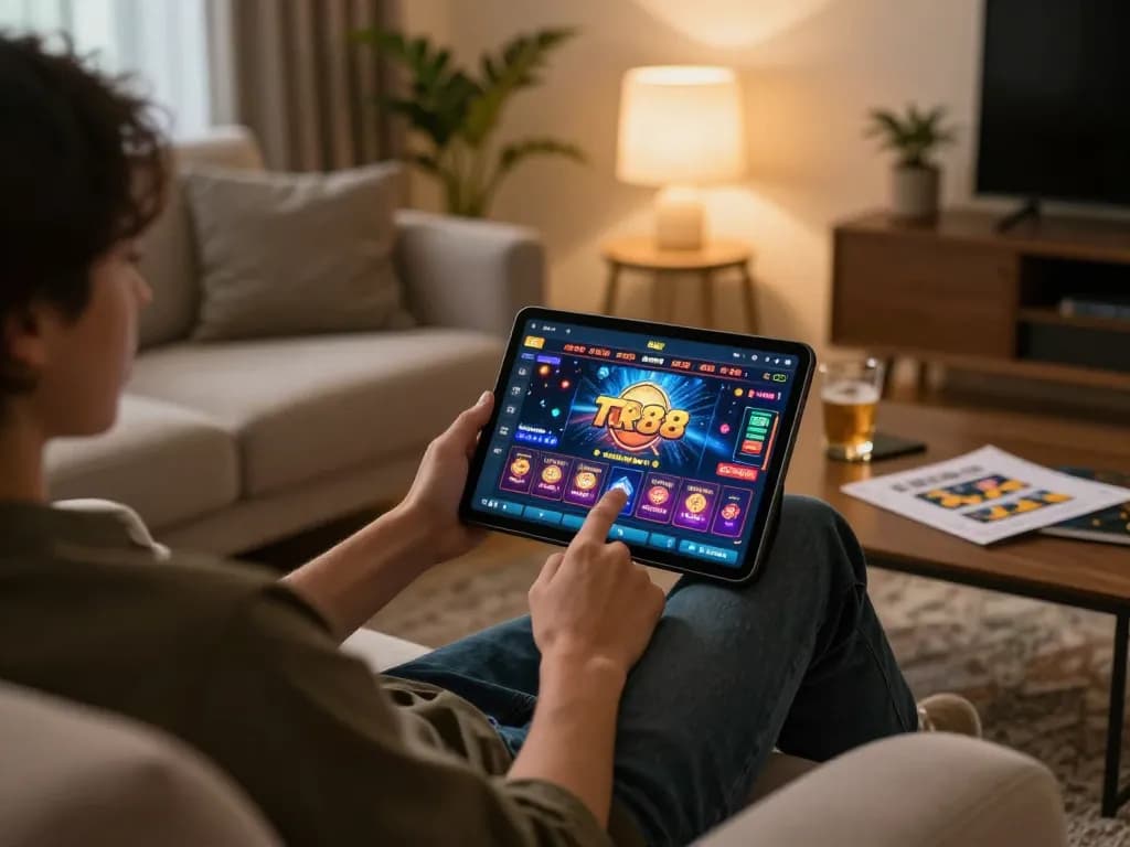 Engaging in online gaming at TR88 app with vibrant graphics on tablet, cozy home scene.