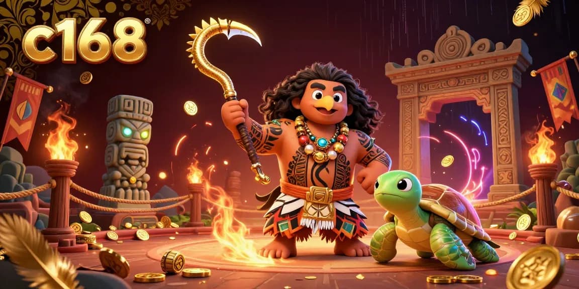 C168 offers a dynamic gambling experience adorned with a Polynesian demigod, showcasing vibrant casino elements.