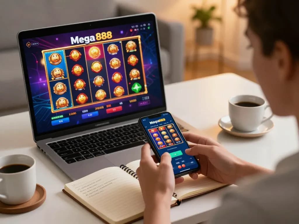 Engaging with the mega888 app, a player enjoys slot games in a cozy home setup.