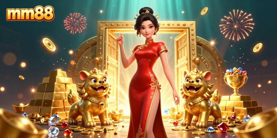 Experience the thrill of mm88 with a glamorous 3D casino scene featuring golden treasures and fireworks.