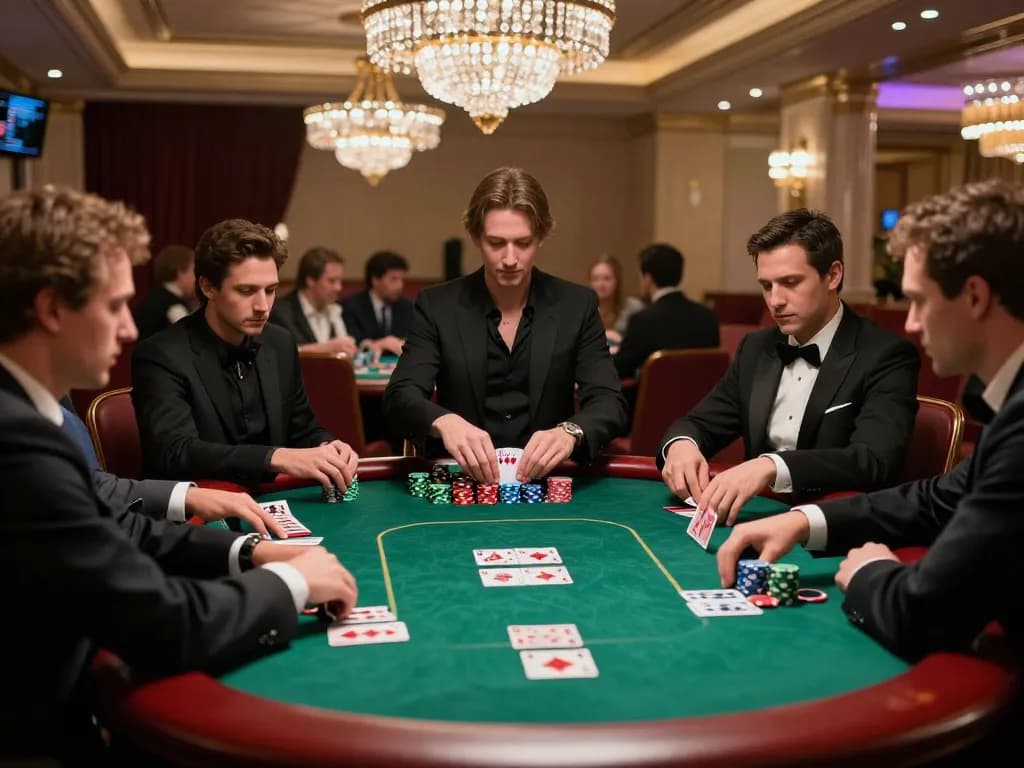 Engaging poker game scene showcasing nhà cái uy tín players strategizing bets at an upscale casino table.