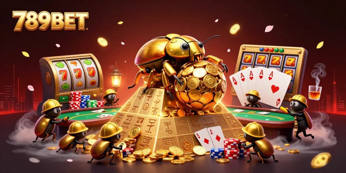 Engage with 789BET's thrilling casino experience featuring a golden beetle and slot symbols.