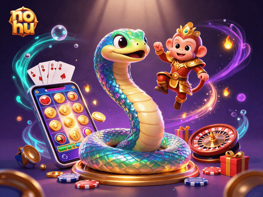 Engage with no hu and enjoy vibrant casino-themed 3D illustration showcasing colorful slot games and characters.