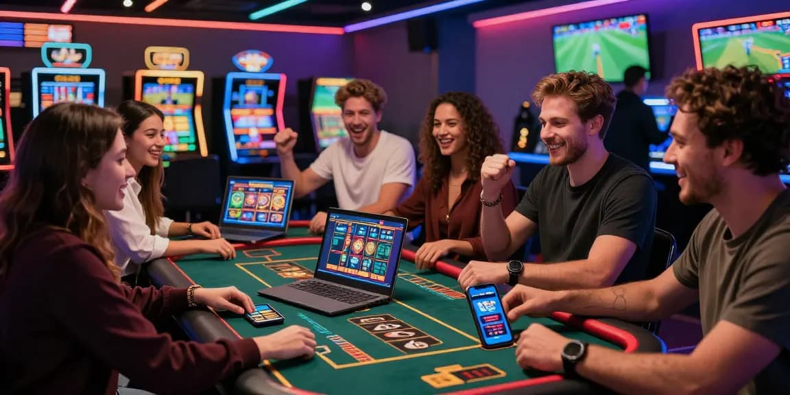 Friends enjoying casino games on laptops and smartphones at au88 gaming table