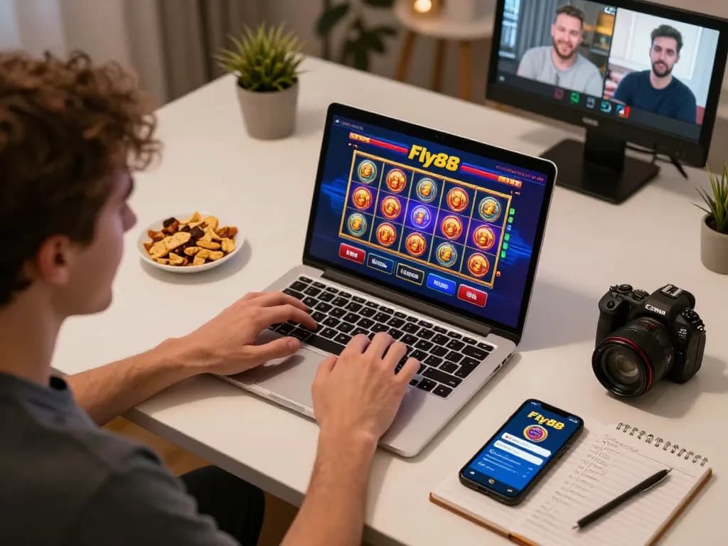 Engaging in online gambling at Fly88, a player examines gaming strategies on a laptop.