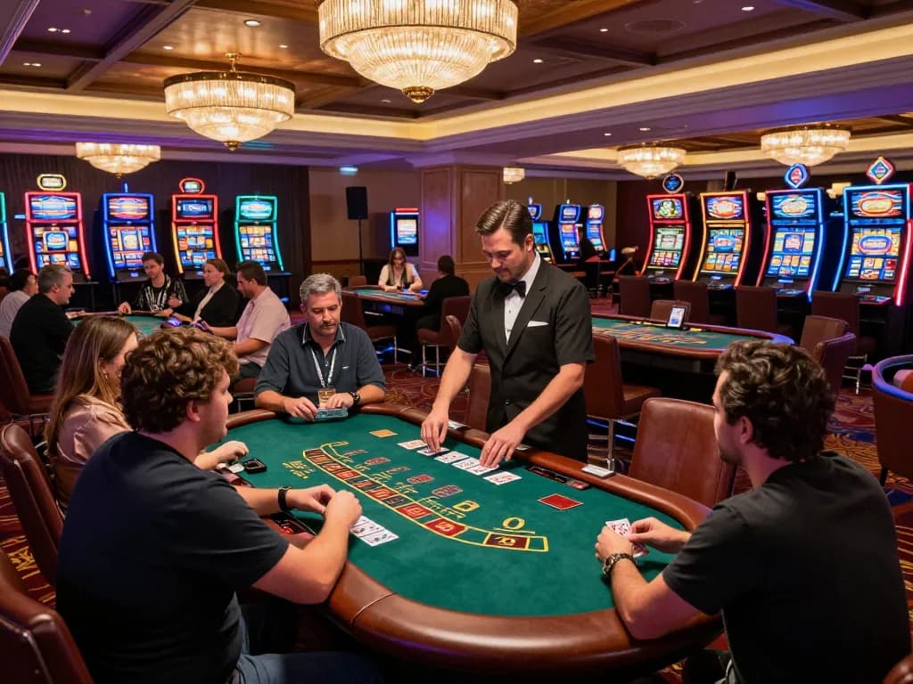 SX88 casino experience featuring active Blackjack tables with players and dealers in an upscale setting
