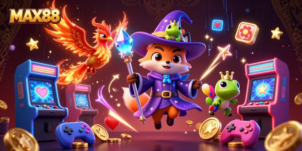 Experience the magic of MAX88 with a whimsical wizard and phoenix in a vibrant casino world.