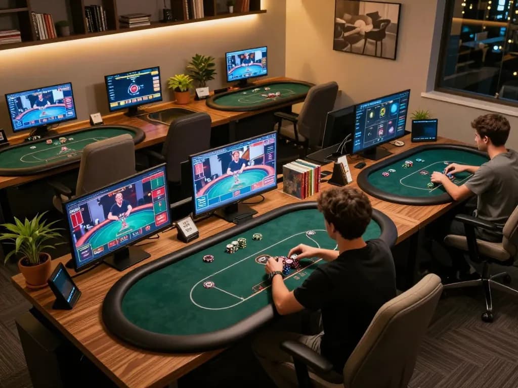 Play online poker with okking from a stylish gaming setup, showcasing multiple screens and strategic gameplay.