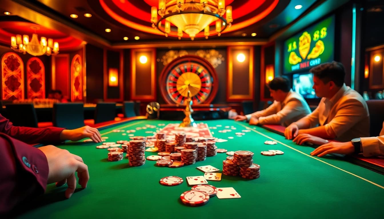 Players engage at a luxurious poker table with chips and cards at XX 88 casino.