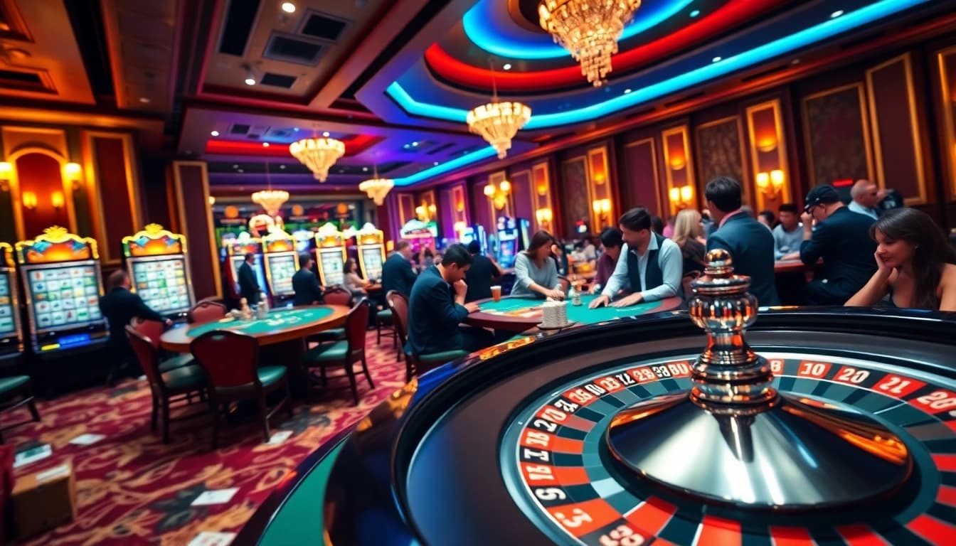 Engaged gamblers enjoying a vibrant casino atmosphere at ww88 with roulette, cards, and chips.