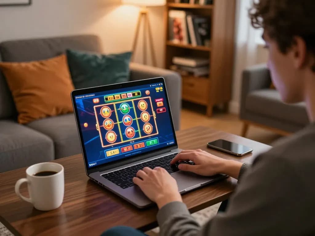 Player enjoying game at atq com online casino with laptop in cozy living room.