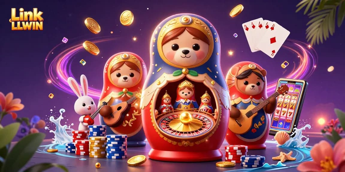 Experience thrilling gameplay at Link LLWIN with a vibrant 3D casino illustration showcasing dynamic characters and elements.