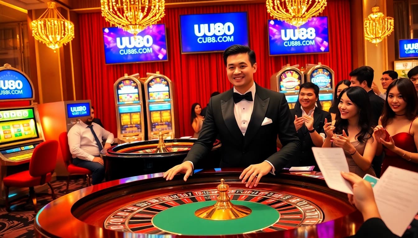Players celebrating a win at UU88.COM with a glamorous casino atmosphere.
