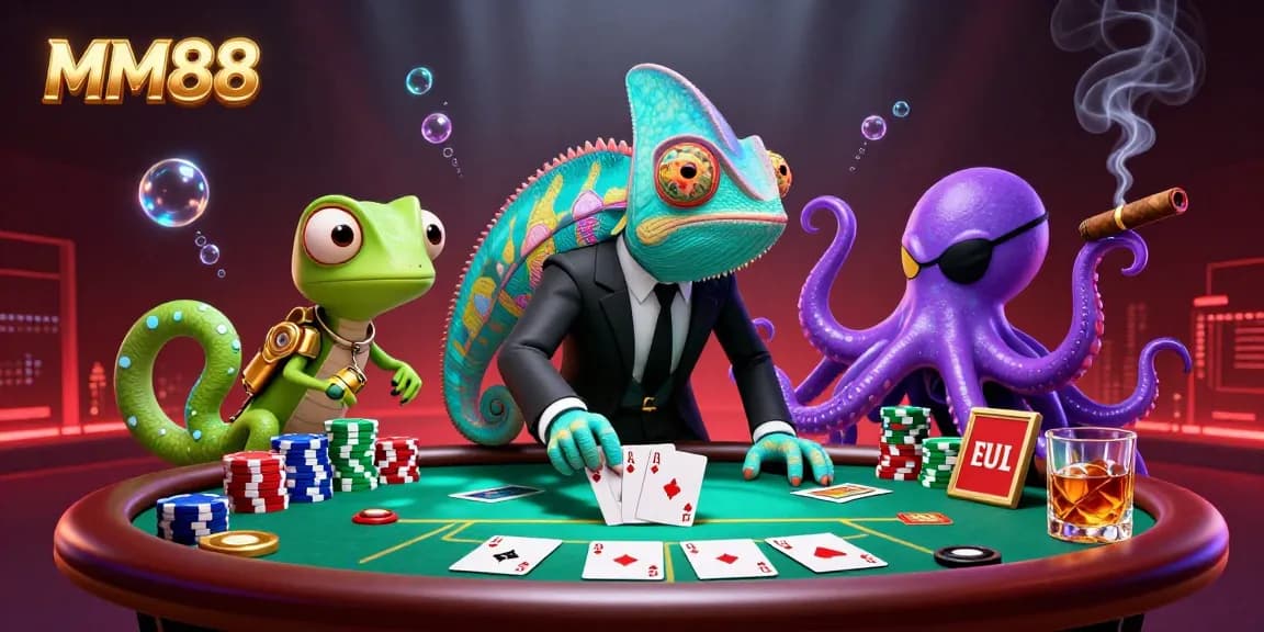 Play poker with MM88 in an exciting 3D illustration showcasing vibrant gameplay elements and characters.