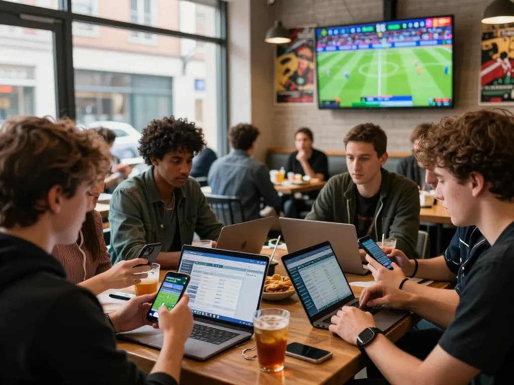 Group enjoying live football betting on 1gom in a lively cafe.