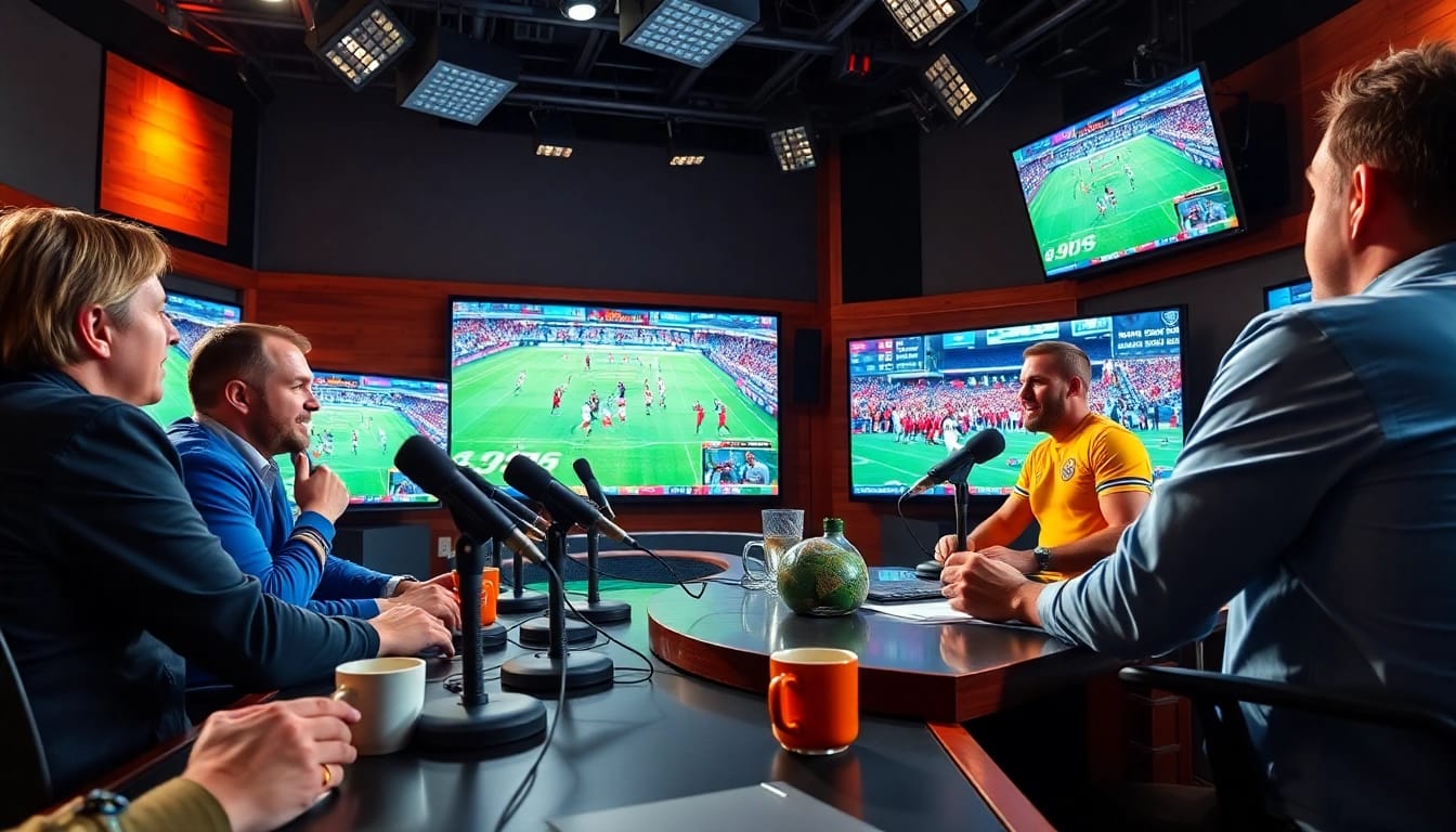 Hosts presenting live Sports Broadcasting in a vibrant studio atmosphere with engaging visuals.