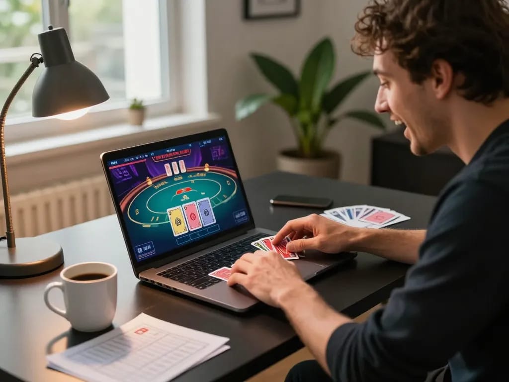 Player engaging with dn88 poker interface on laptop, showcasing a thrilling online gaming session.
