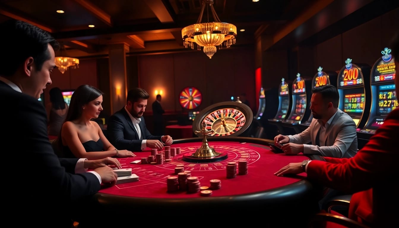 Engaged players strategizing at a RIKVIP casino table filled with chips and cards.