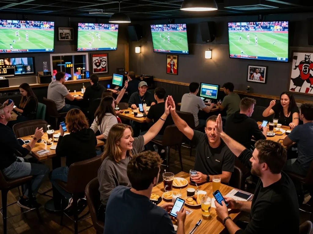Excited bettors engaged in placing wagers using the 188bet link at a vibrant sports bar, celebrating wins with friends.