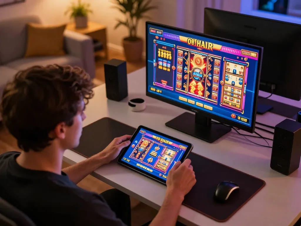 Player enjoying O8 HAIR online gaming session on tablet, focusing on strategic gambling experience.